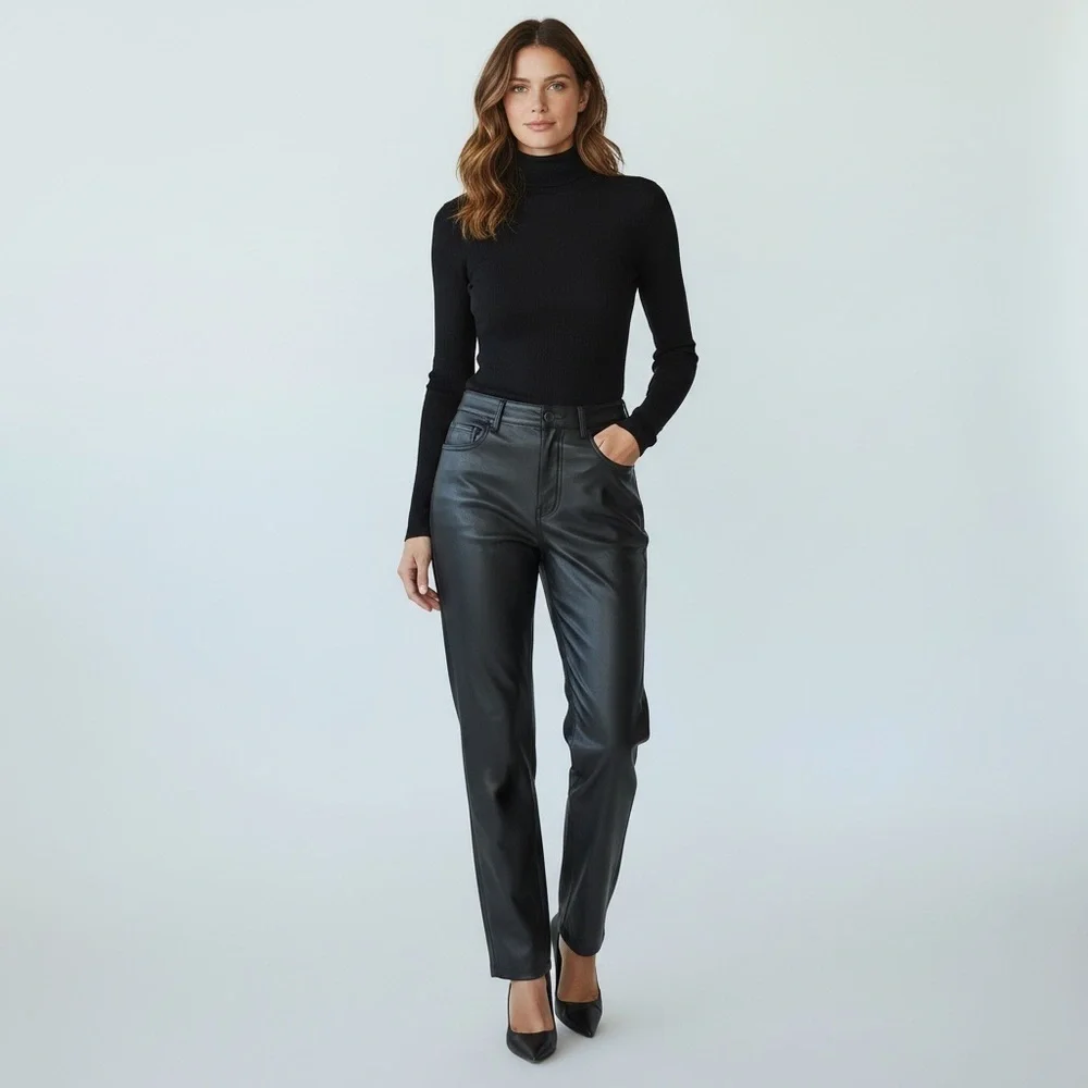 Babaton Black Vegan Leather Straight Leg Pants
